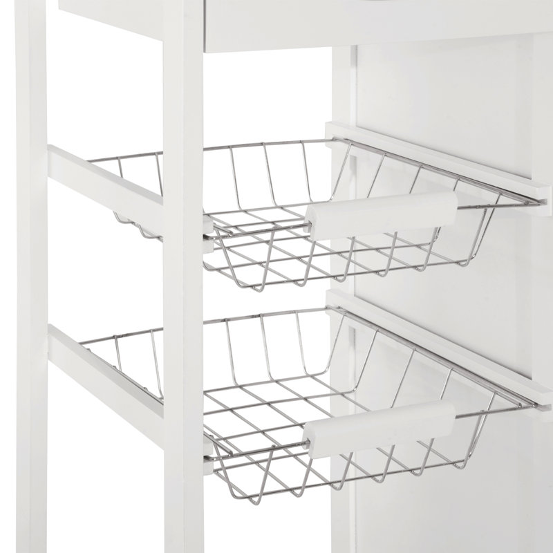 Îlot de cuisine 28 po avec rangement HOMcom, chariot de cuisine avec plateau en bambou massif, panier grillagé, armoire de porte et tiroirs, blanc