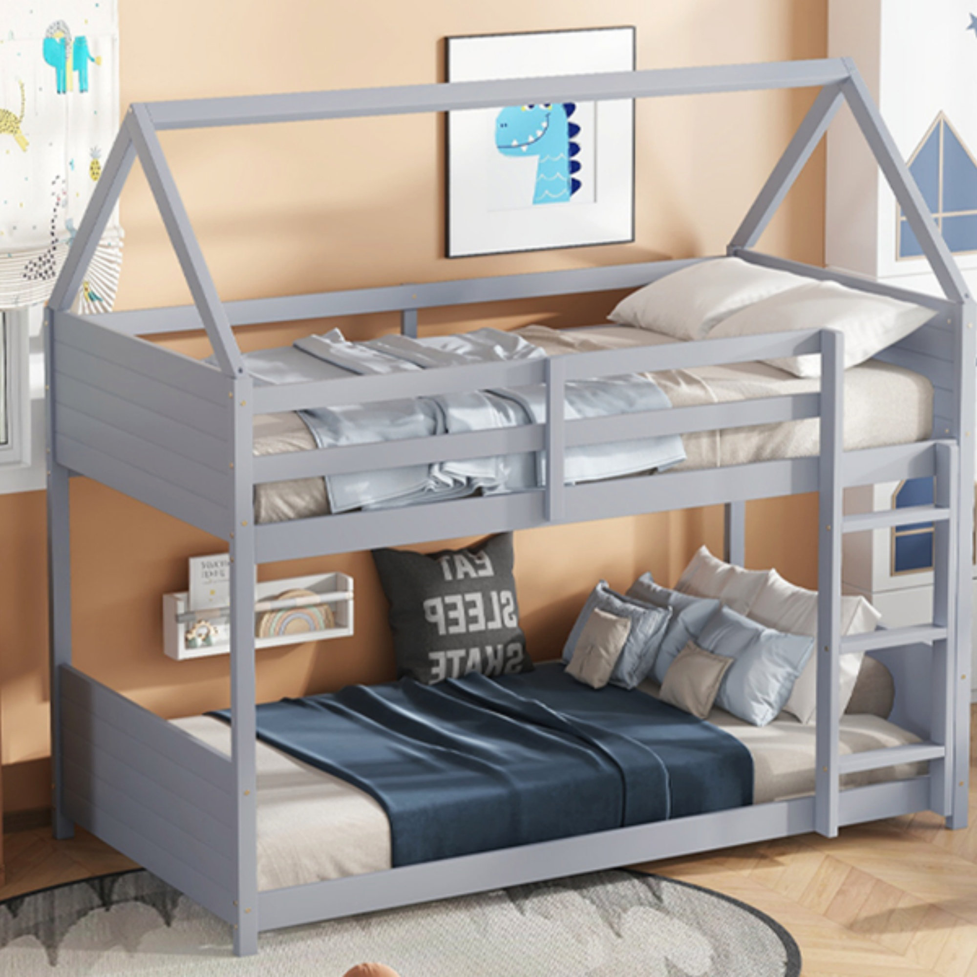 Ophelia & Co. Twin Over Twin House Floor Bunk Bed With Headboards ...