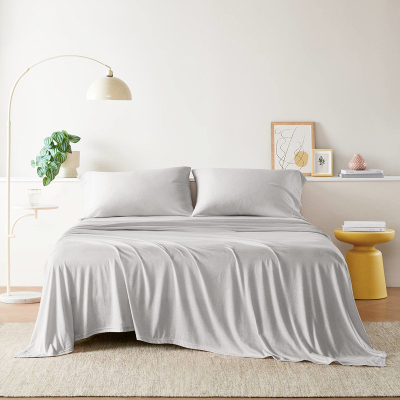 Draps en mélange de coton toutes saisons toutes saisons - Comfort Plus, 50%, pour matelas jusqu'à 16 po, 1 drap plat, 2 taies d'oreiller ajustées, lavable à la machine, drap gris de qualité