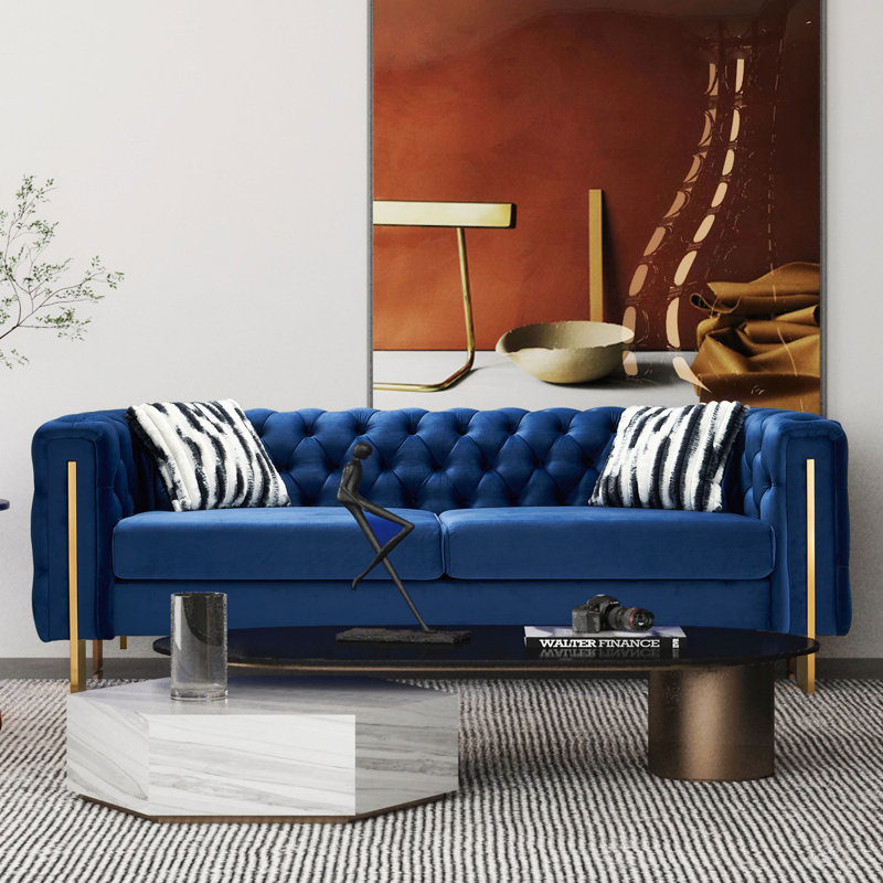 Canapé à accoudoirs carrés 84,25 po Jamayiah, Velours bleu