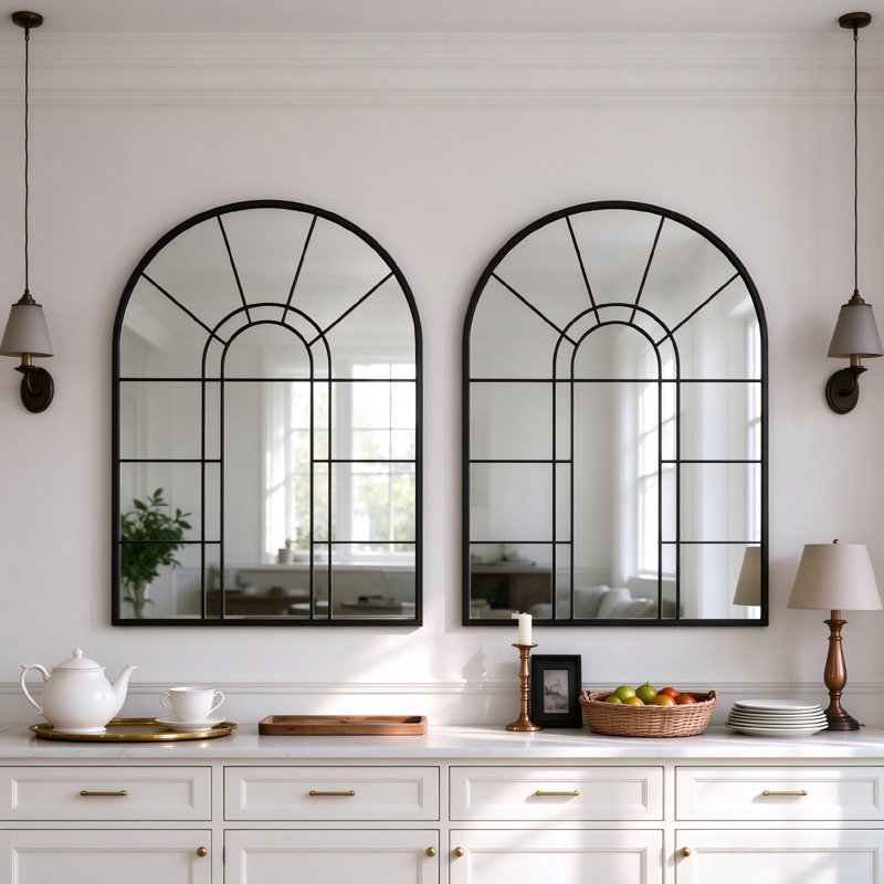 105 x 70 cm Arched Window Pane Mirror Metal Framed Wall Mirror Overmantel Mirror for Living Room Hallway Dining Room & Bedroom