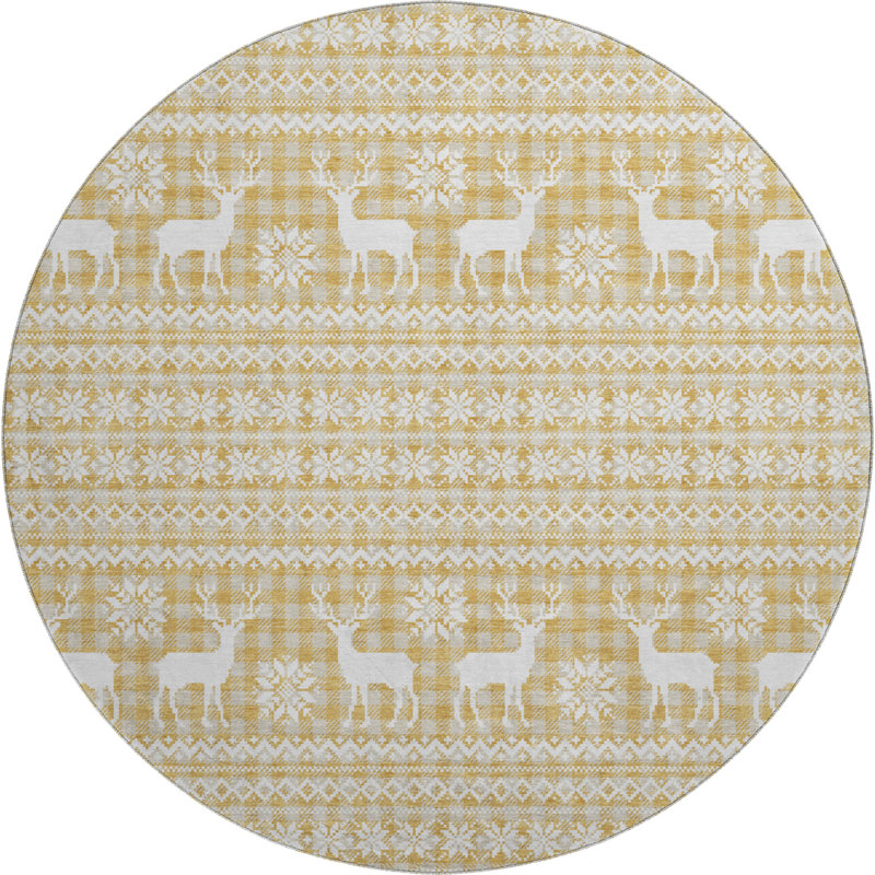 Premium Machine Washable Dockside AMF1820 Reindeers and Snowflakes Rug, Round 8'