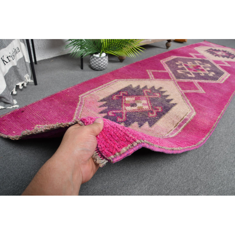 Handmade Vintage Turkish Runner Rug with Pink Geometric Patterns for Bohemian Home Decor Beige/Pink