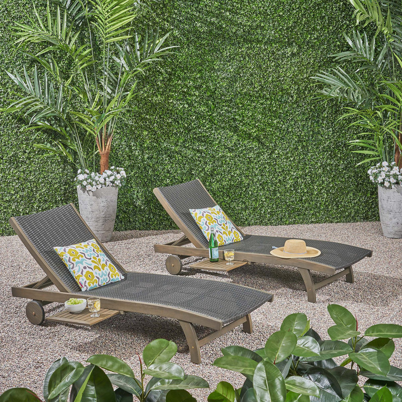 Acacia Wood Chaise Lounges With Wicker Seats And Pull-Out Tray For Outdoor Relaxation