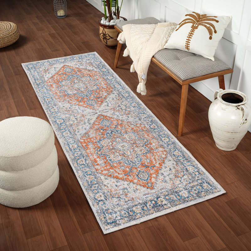 Machine Washable Grey/Blue/Brown, Runner 80 x 220cm