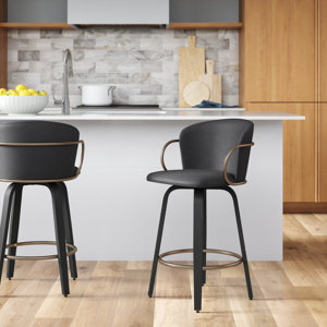 Benedic Set Of 2 Mid-Century Faux Leather, Wood And Metal 26" Counter Stool With Swivel, Charcoal