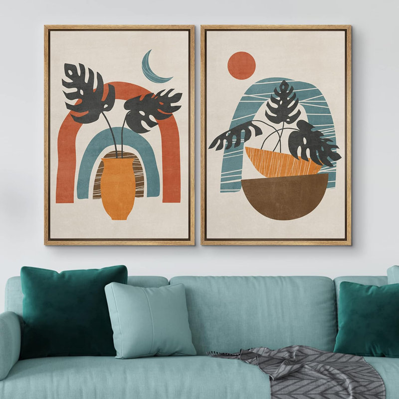 Soleil et lune, croissant de lune, soleil, plantes géométriques, illustrations abstraites, formes modernes, H 24 po x l 32 po