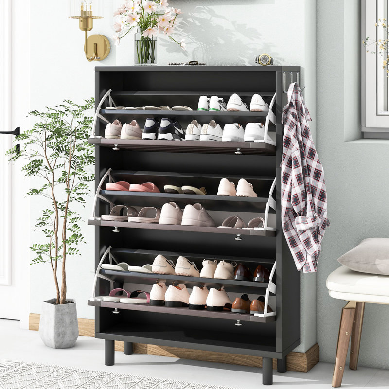 Range-chaussures noir avec 3 tiroirs rabattables, crochets de suspension, espace réglable pour les couloirs de rangement profilés et noir, panneaux, panneau de particules fabriqué