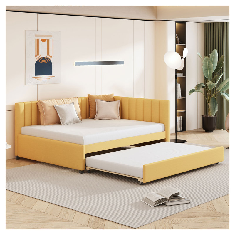 Modern Yellow Full Size Upholstered Daybed with Twin Trundle, Linen Sofa Bed Frame No Box Spring Needed for Guest Room, Full