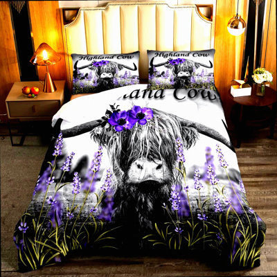Wildflower Highland Cow Queen Comforter Set - Bull Cattle Bedding with Funny Animal Duvet Insert, Farmhouse Quilted Comforter, Purple Floral & Green Garland Pillowcase
