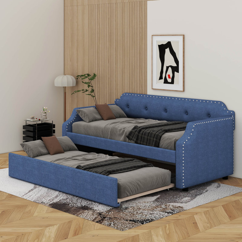 Twin Size Upholstered Daybed With Trundle, Blue