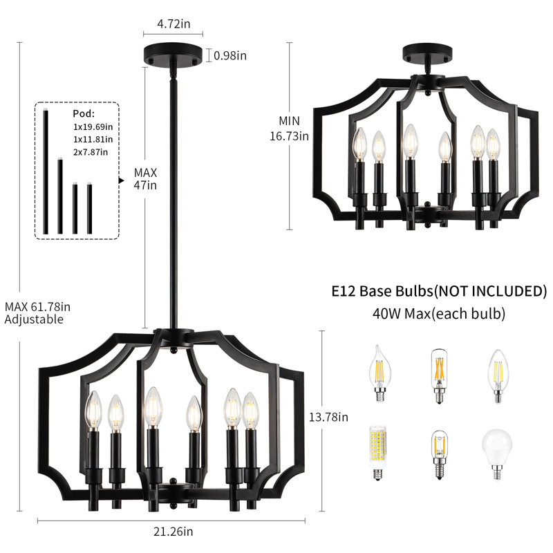 6-Light Black Chandelier, Geometric Metal Dining Room Light Fixture, Modern Farmhouse Chandelier, Industrial Hanging Pendant Lighting