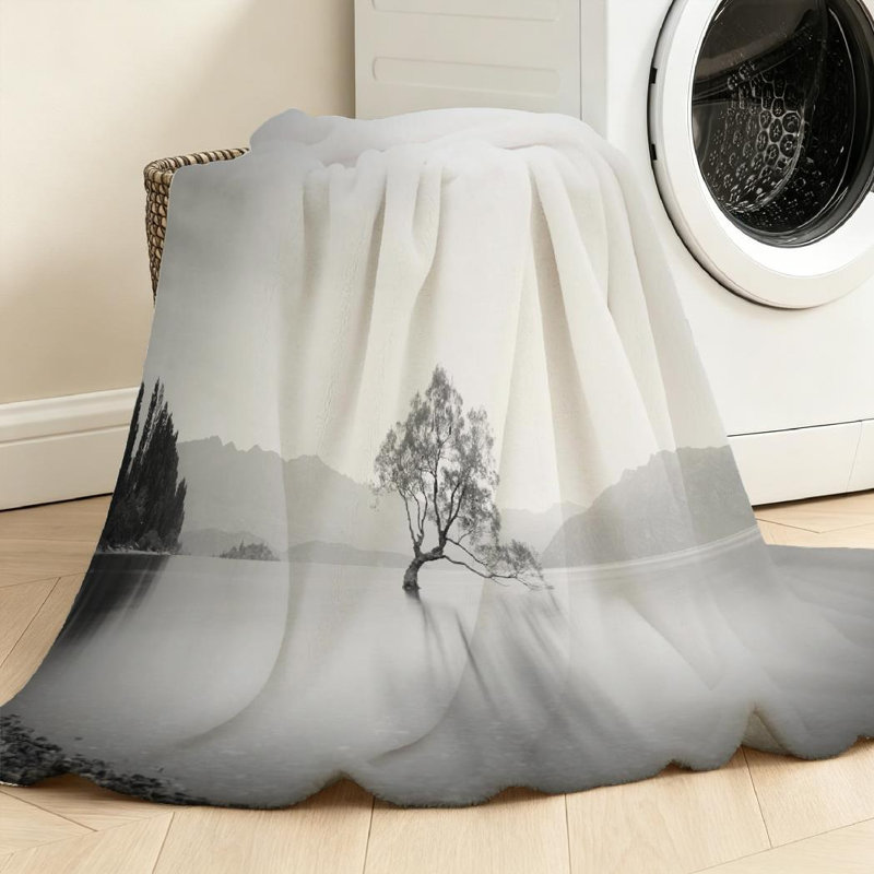 Jeté en molleton noir ultra doux en flanelle, arbre de lac et imprimé blanc à une face, Throw 30" x 40"