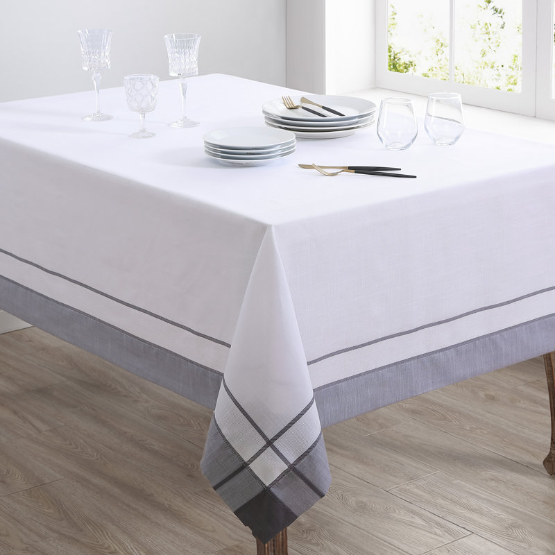 Gray and White Cotton Rectangular Tablecloth with Banded Border