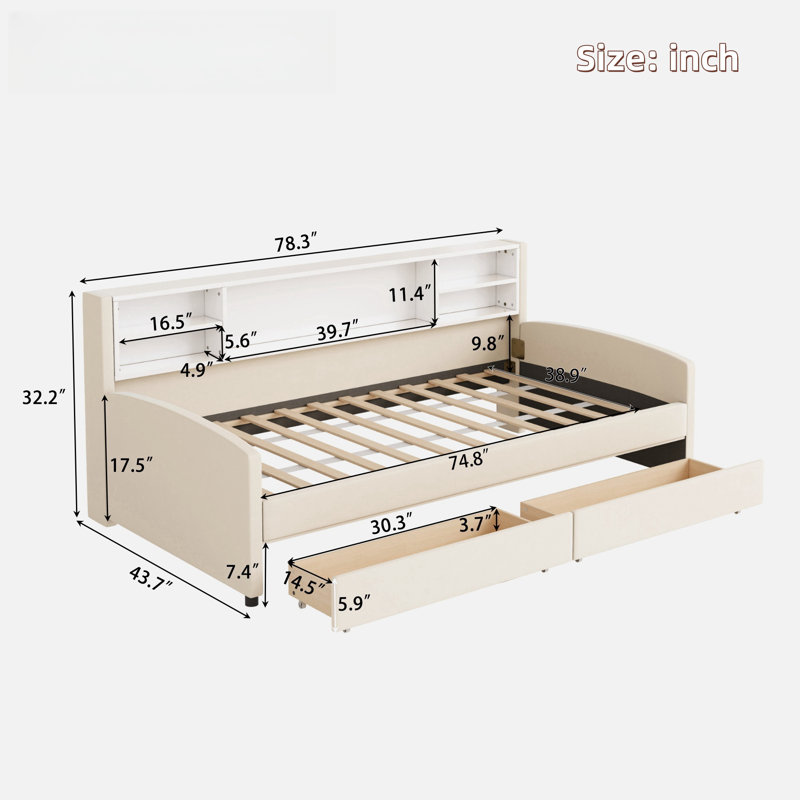Lit de jour Brayle avec tablettes de rangement et 2 tiroirs, Beige