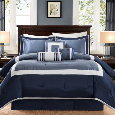 Navy Queen Comforter - 7 Piece With And Pillows Wrinkle Neutral Tones Bedding Fill