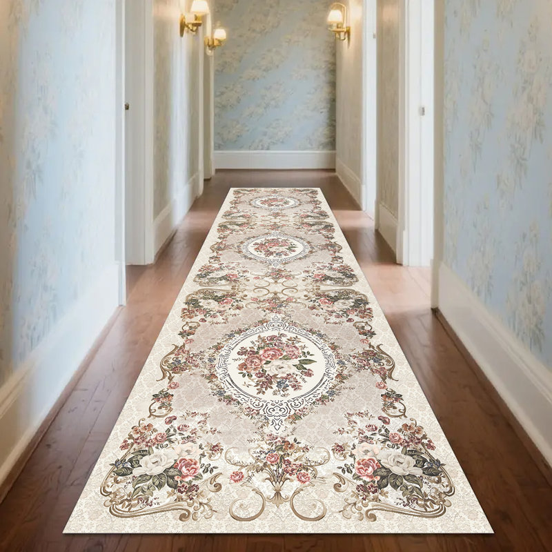 European Floral Hallway Runner Rug with Non-Slip Rubber Backing, Machine Washable Polypropylene Accent Rug, 23.6x94.48 inch