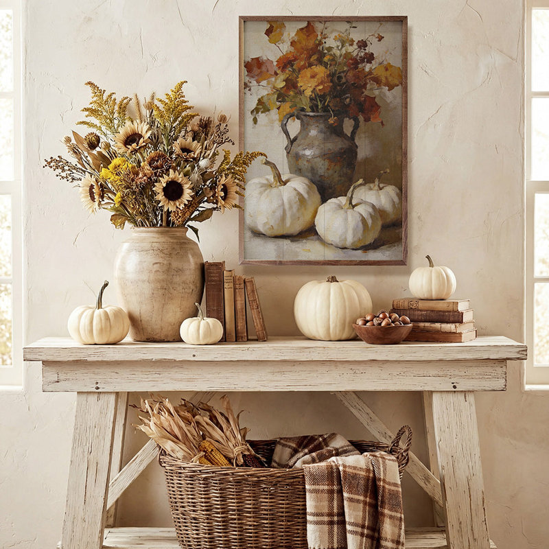 Arrangement floral d'automne et citrouille blanche, H 24 po x l 16 po