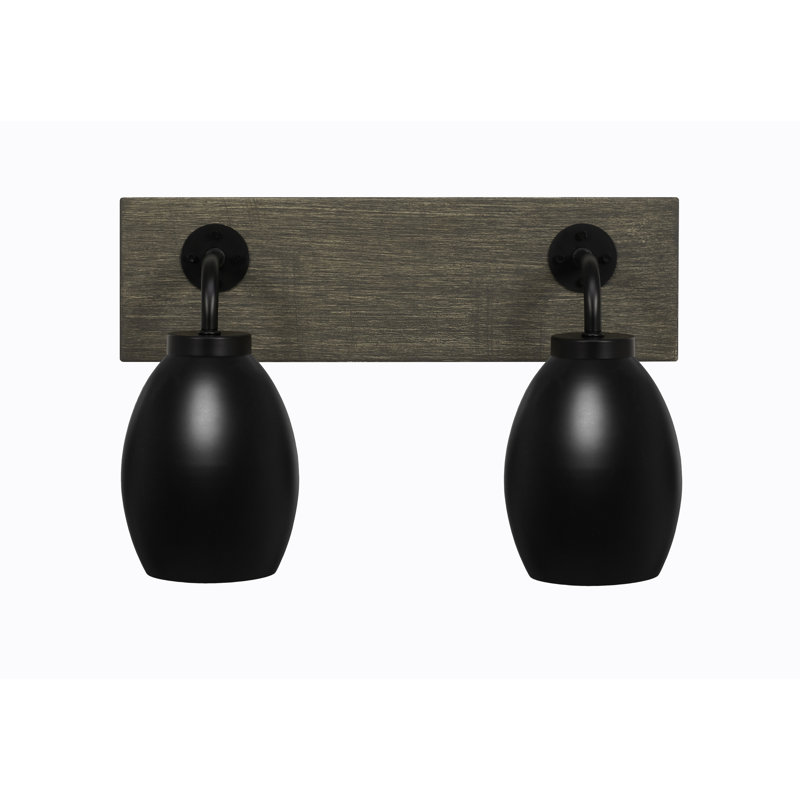 Barre d'éclairage de salle de bain 2 lumières Oxbridge avec finition ovale en métal 5 po, Noir, Noir mat / bois vieilli