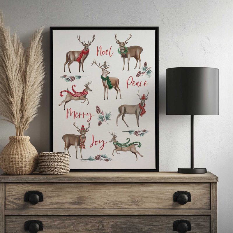 «Merry Reindeers» par Elizabeth Tyndall, reproduction d'art, L 12 po x H 16 po, Doré, Toile avec cadre