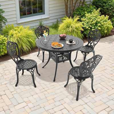5-Piece Round Table Outdoor Cast Aluminum Dining Set, Compact Size Chair (Seat Width:15.35")，A Patio and Terrace Essential