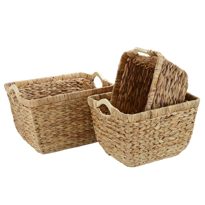 Handwoven Wicker Storage Baskets with Wooden Handles (Set of 3)