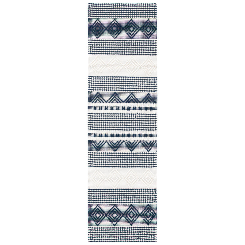 Southwestern Hand Woven Wool/Cotton Southwestern Rug, Runner 2'3" x 12', Dark Navy/Ivory