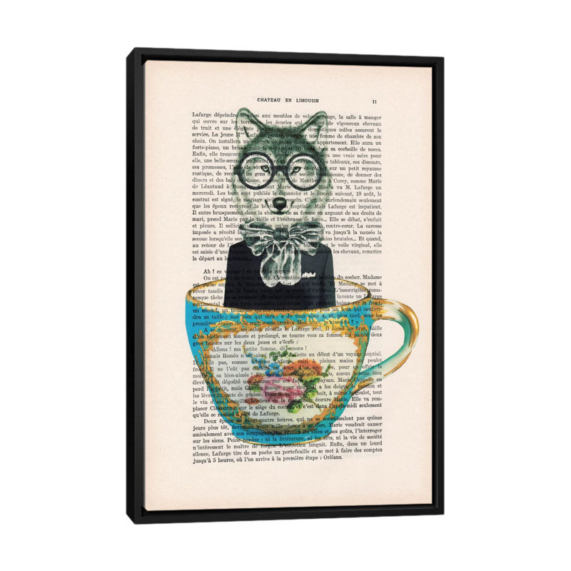 «Vintage Paper Series: Fox in a Cup», impression sur toile, H 26 po x l 18 po x P 1,5 po, Toile avec cadre noir, Pas de tapis