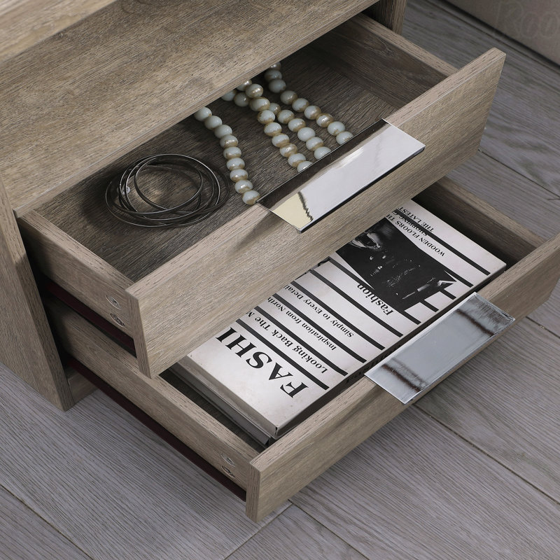 Table de chevet, table de bout avec tiroir et tablette d'ouverture en bois gris 2 tiroirs