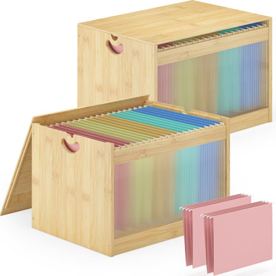 Hanging File Box Organizer For Letter Size 2 Pack, Bamboo Acrylic File Folder Storage With Lid Clear Wooden Moving Boxes Wood With Handle Desktop Filing Holder For Office Banker Document