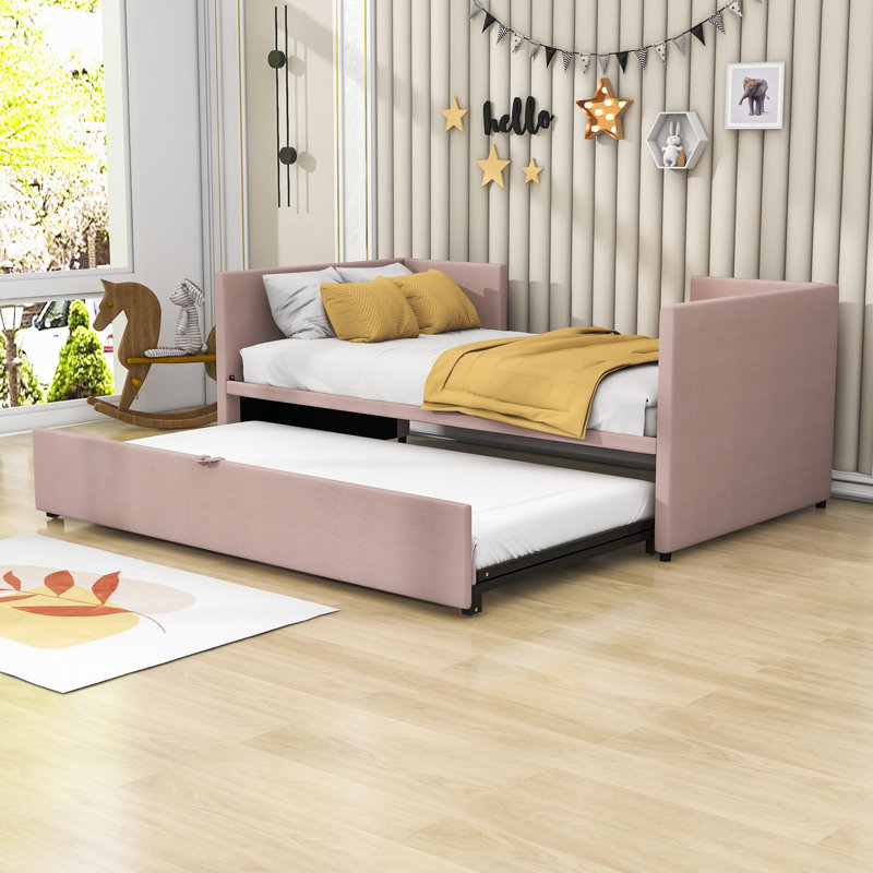 Twin Size Velvet Upholstered Daybed with Twin Size Trundle, Pink