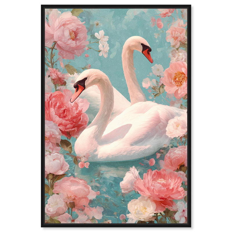 "Swans Together", reproduction d'art sur toile rose par Art Remedy, cadre noir, 10 x 15, Structure noire, H 16 po x l 11 po