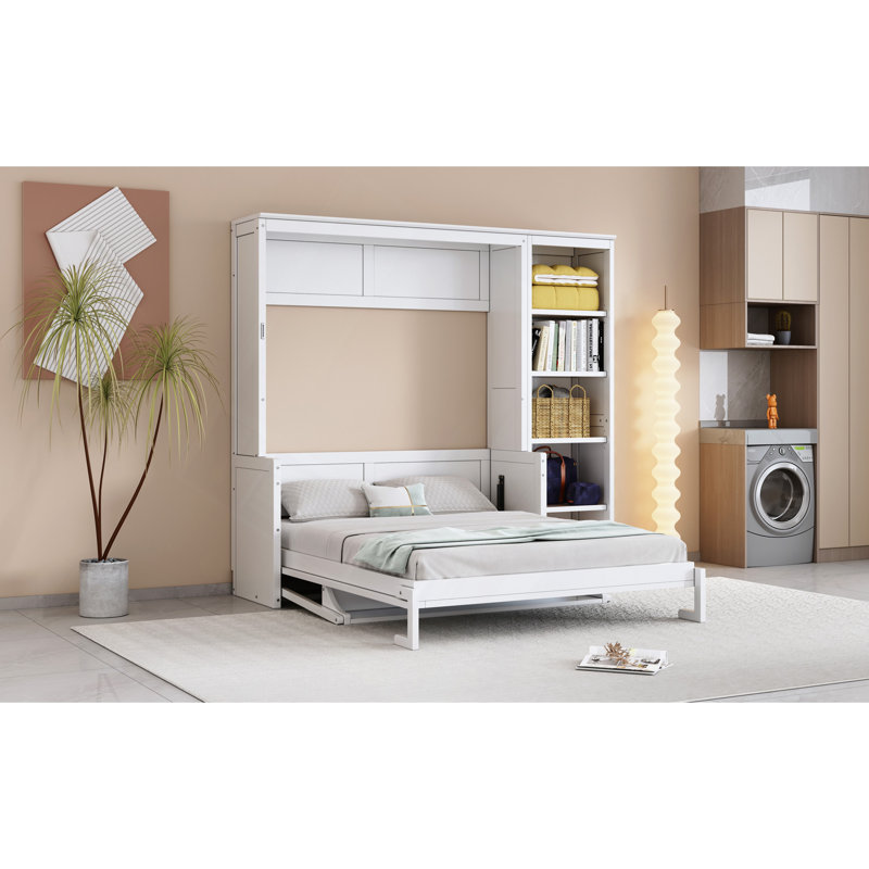 Lit escamotable double avec bureau et bibliothèque, Lit double, Blanc