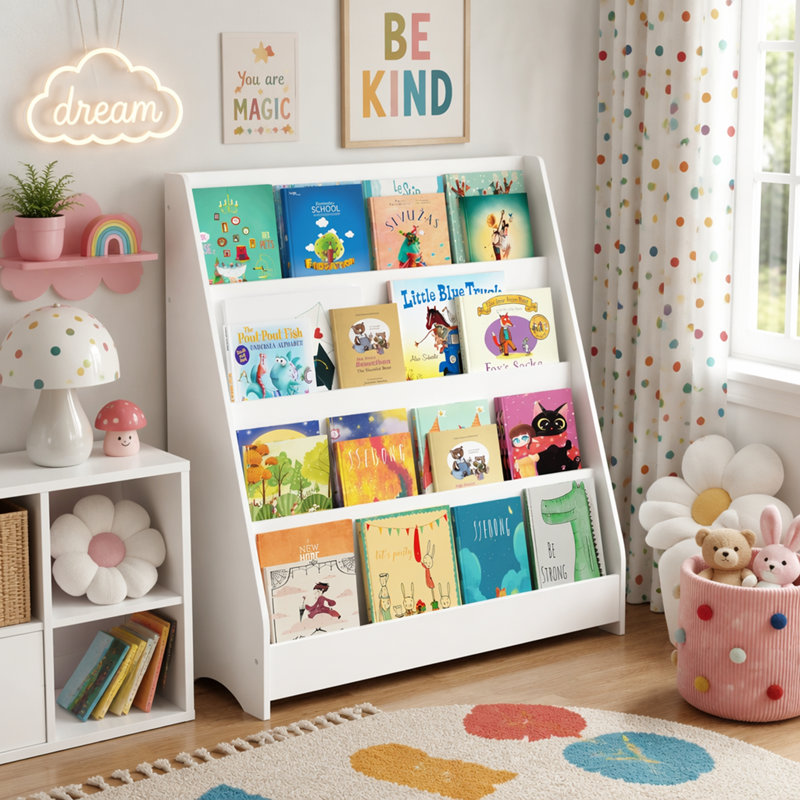 Bibliothèque pour enfants à 4 niveaux, tablettes pour livres pour tout-petits, aide à garder les chambres à coucher, les salles de jeux et les salles de classe organisées, panneau de fibres à densité moyenne