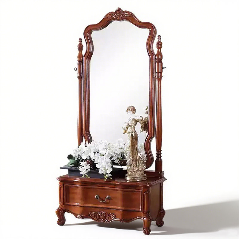 American-Style Rubberwood Frame Full-Length Mirror With Drawers