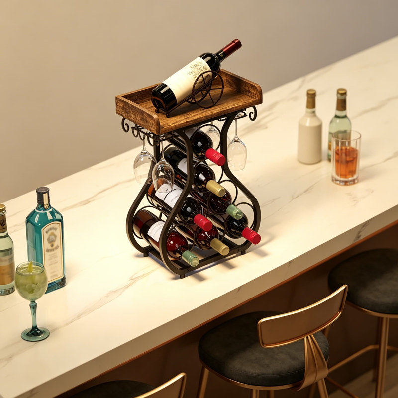 Comptoir à bouteilles de vin, petit support à vin avec porte-verres à vin, petite étagère de rangement de table pour la cuisine, le garde-manger, le bar personnel, peut contenir 7 bouteilles et 4 verres