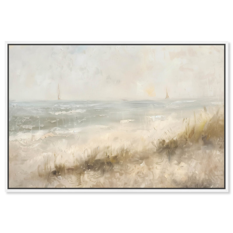 Early Morning On The Shore Beach Inspired Wall Art by Art Remedy, White Framed, 37" H x 55" W