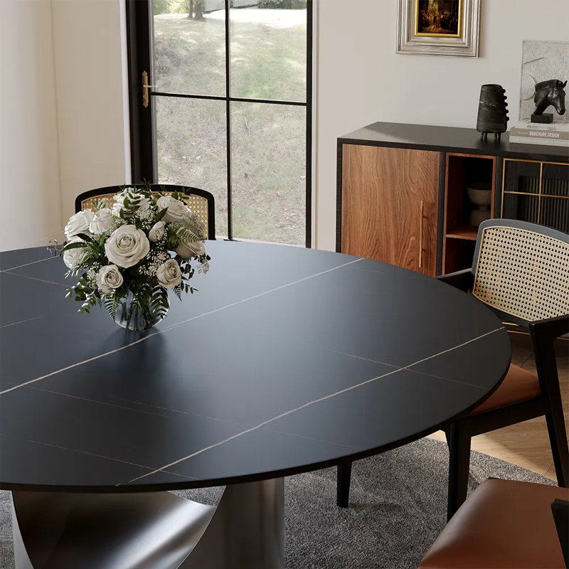 Table de salle à manger moderne en pierre frittée moderne avec base piédestal, H 29,5 po x L 59 po x l 59 po, Noir, Gris