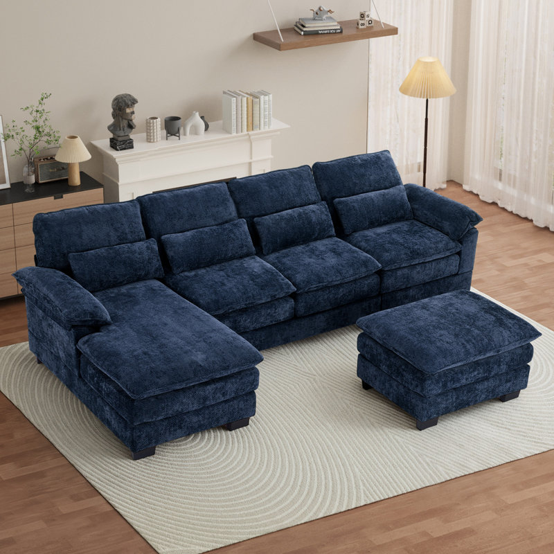 113''W Modern U Shape Sectional Couch Oversized Wide Armrest Sectional Sofa, Dark Blue Chenille