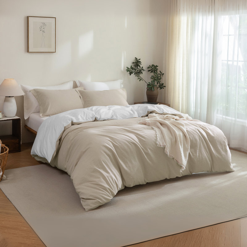 Solayne 100% Washed Cotton Duvet Cover Set with Faux Hemp Texture, Solid Color, Zipper Closure and Corner Ties, Beige