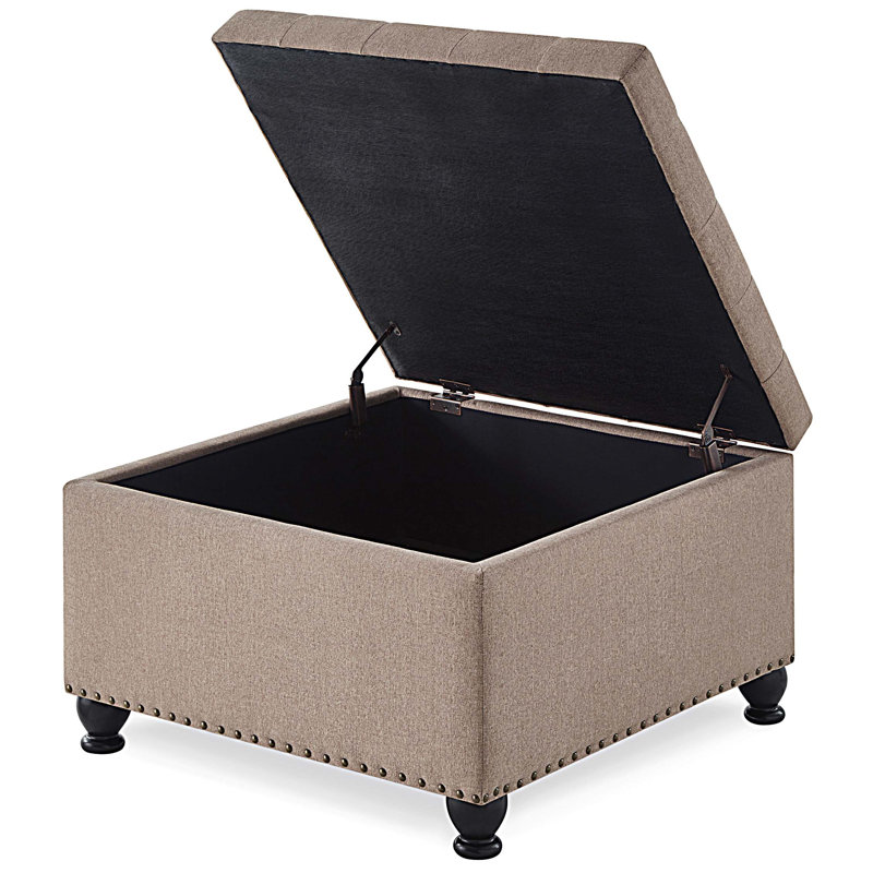 Grand repose-pieds de rangement carré avec pieds en bois, table basse capitonnée avec garniture cloutée pour plus d'espace de vie