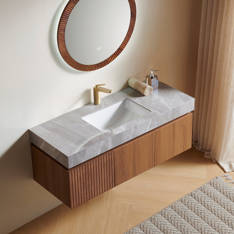 Muri 48"Striped Solid Wood Bathroom Vanity, Light Gray, 48", Brown Oak
