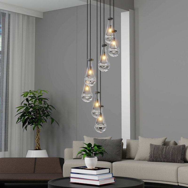 Luminaire suspendu 7 lumières en forme de goutte d'eau, hauteur réglable, lustre en fer noir avec abat-jour en verre transparent