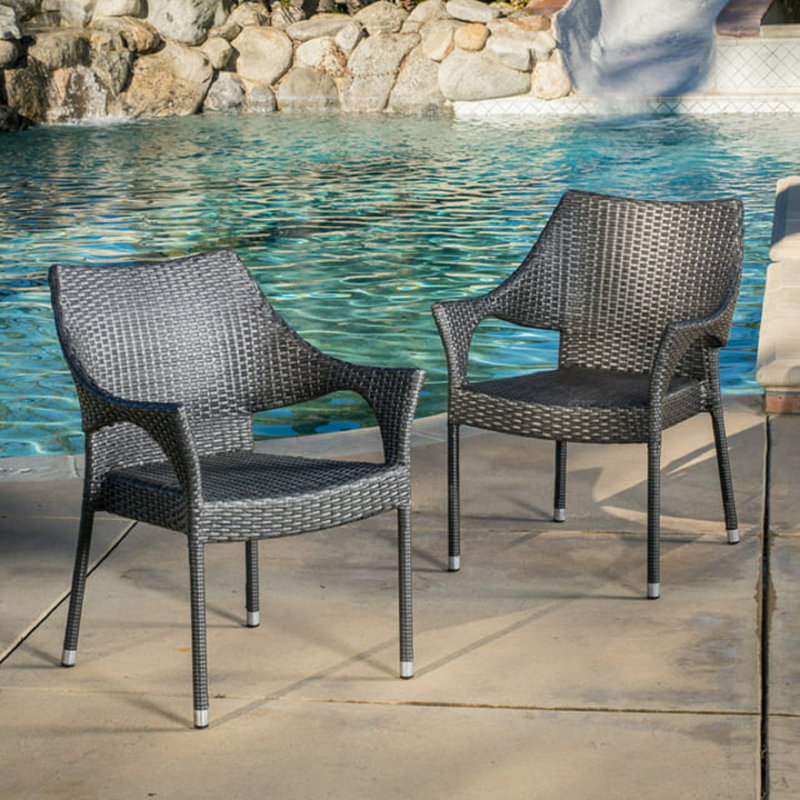  Ensemble de 3 fauteuils d'extérieur empilables en osier, rotin PE à dossier arqué architectural, gris