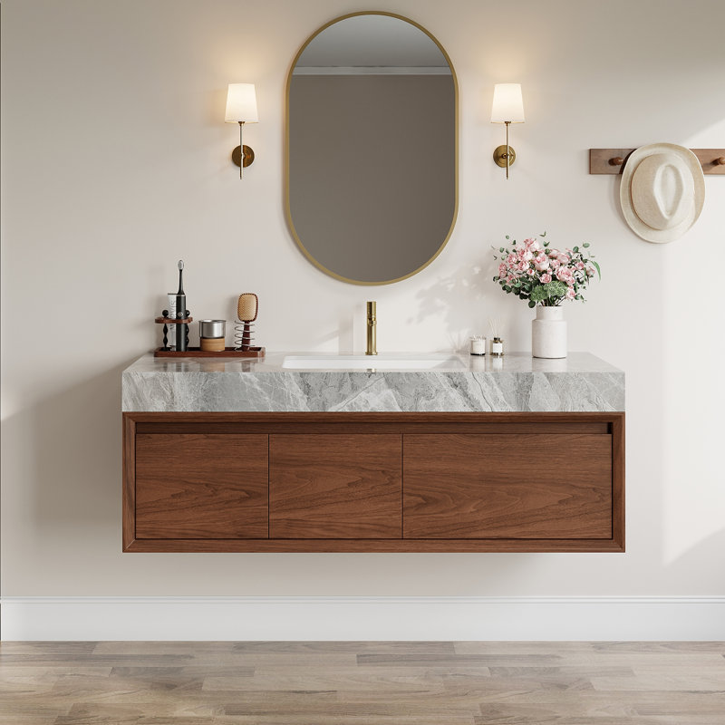 Ensemble de meuble-lavabo simple 36 po avec lavabo en céramique Latrey, 2 armoires en bois naturel