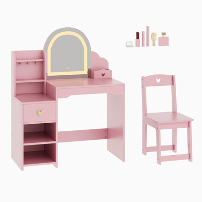 Coiffeuse 2 en 1 Princesse pour enfants avec miroir lumineux - Table de maquillage pour petites filles - Mobilier de chambre d'enfant - Couleur : Rose