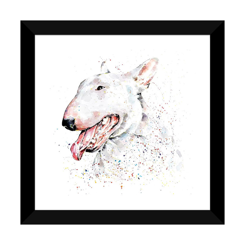 Bull terrier blanc par Edwatercolours-impression, Blanc, H 16 po x l 16 po x p 1 po, Papier encadré noir