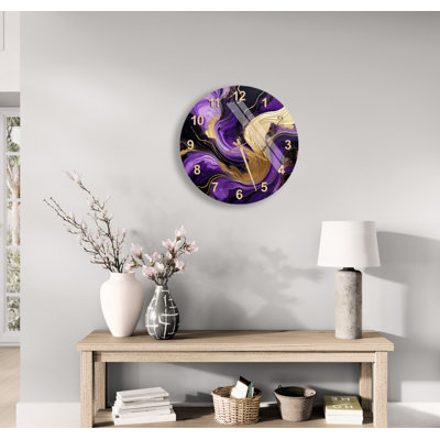 Horloge murale en verre trempé moderne et luxueux agate abstraite mauve et dorée, chiffres anglais noirs