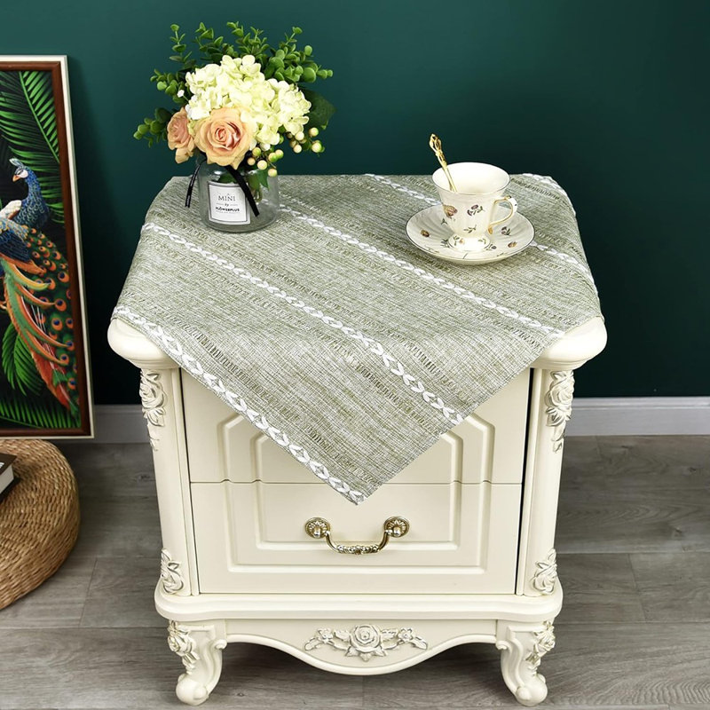 Rustic Farmhouse Embroidered Small Square Tablecloth Jacquard Striped Table Cloth Linen Washable Side Table Cover Kitchen Dining Home Decoration Green 24X24 Inch
