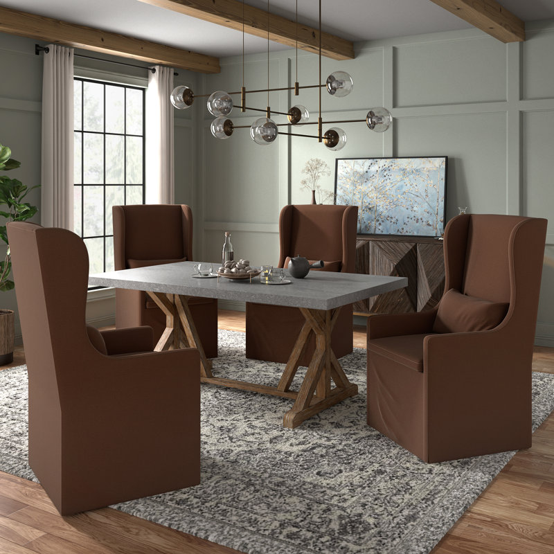 Baxter Concrete Veneer Top Dining Table And Slipcovered Wingback Parson Chairs Set - Full Concrete Veneer Top Table, Fabric Cover Chairs